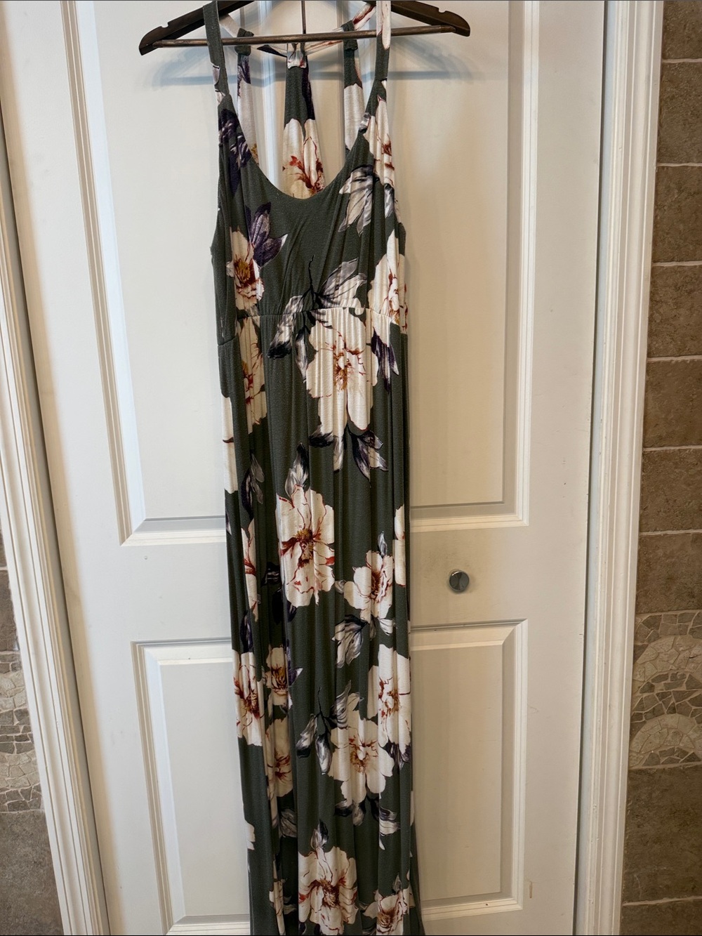 nine britton Olive Green Floral Maxi Dress with Cream Blooms